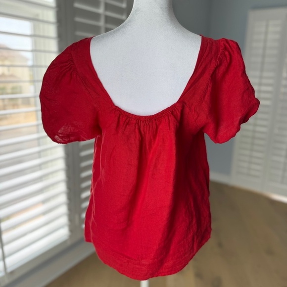 Red Linen Puff Sleeve Blouse Size Small - Picture 6 of 9